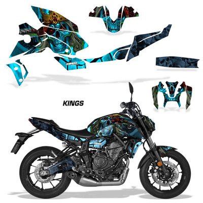 Motorcycle fairing graphics kit, blue and teal KINGS design for MT-07