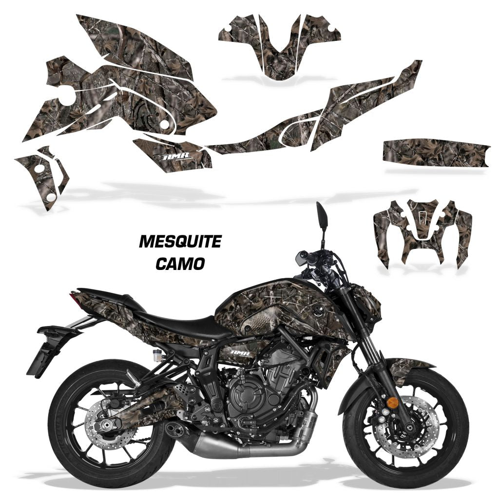 Motorcycle fairing graphics kit, mesquite camo design for MT-07