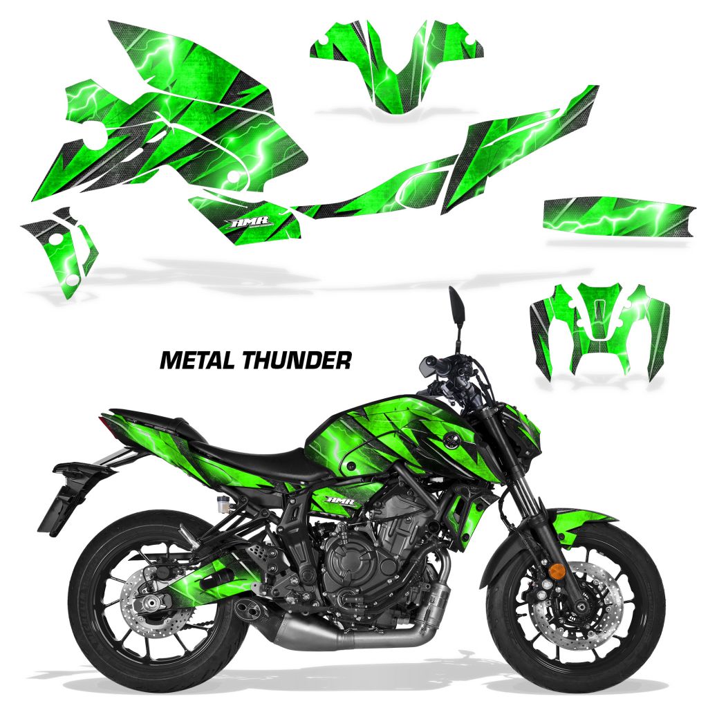 Motorcycle fairing graphics kit, bright green METAL THUNDER design for MT-07