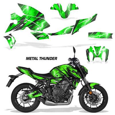 Motorcycle fairing graphics kit, bright green METAL THUNDER design for MT-07