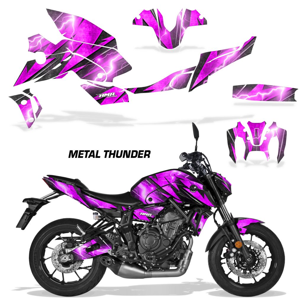 Motorcycle vinyl graphics kit with purple and black abstract flames, tank and fairing decals.