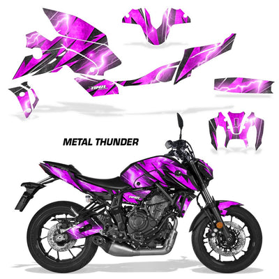 Motorcycle vinyl graphics kit with purple and black abstract flames, tank and fairing decals.