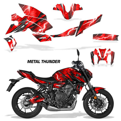 Motorcycle vinyl graphics kit with red and black abstract flames, tank and fairing decals.
