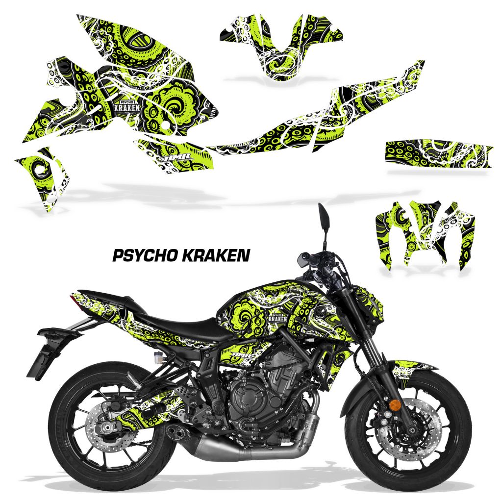 Motorcycle vinyl graphics kit with neon yellow-green and black graphics, tank and fairing decals.