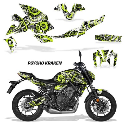 Motorcycle vinyl graphics kit with neon yellow-green and black graphics, tank and fairing decals.
