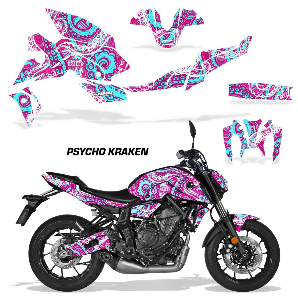 Motorcycle vinyl graphics kit with pink and purple ornate graphics, tank and fairing decals.