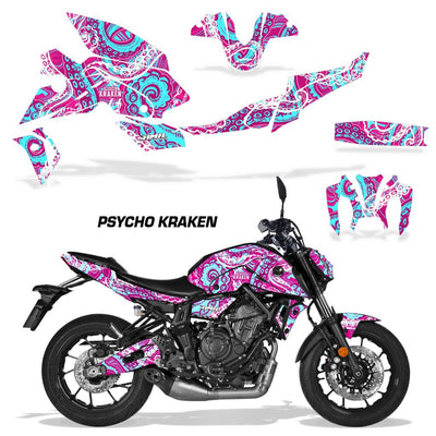 Motorcycle vinyl graphics kit with pink and purple ornate graphics, tank and fairing decals.