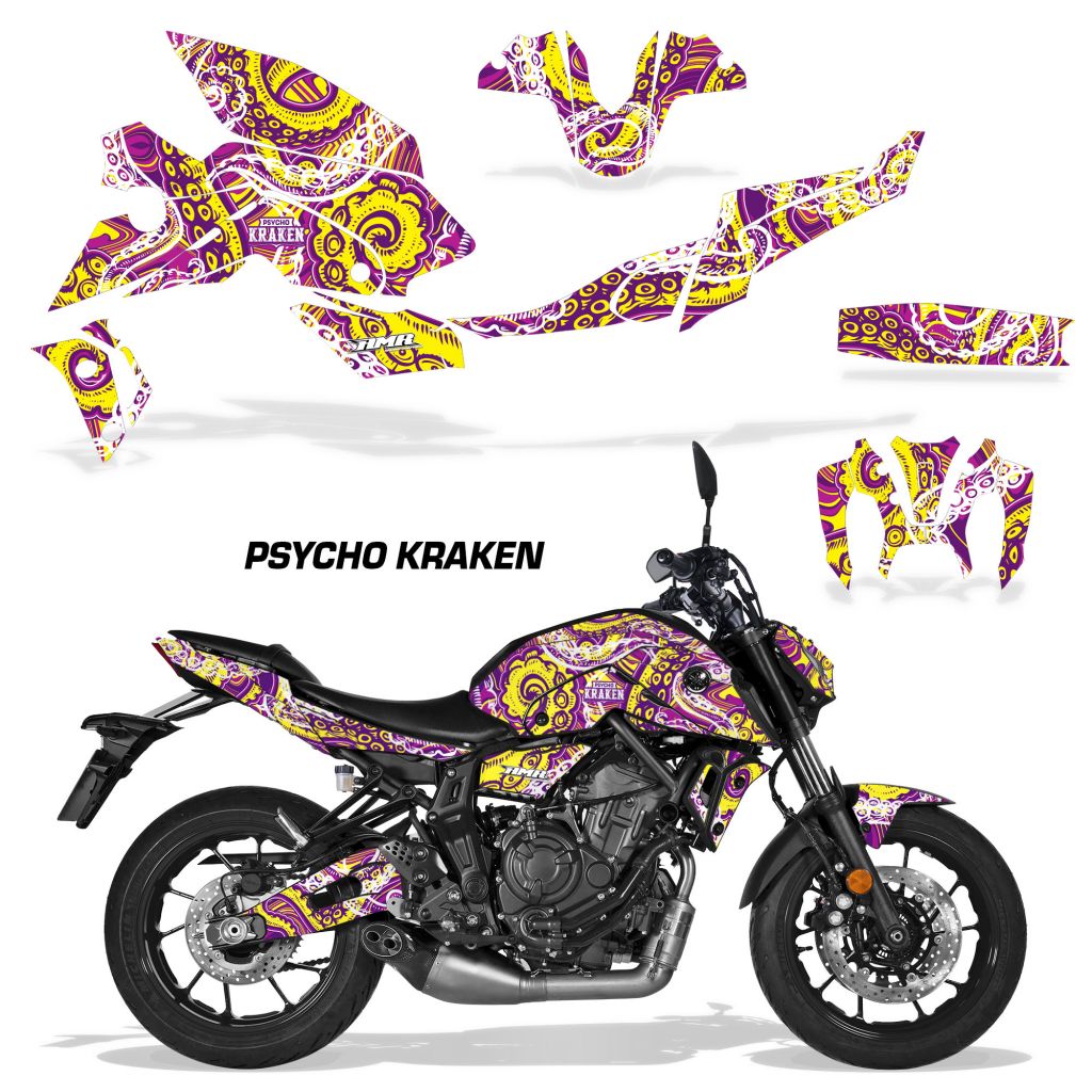 Motorcycle vinyl graphics kit with multicolor purple, pink, and yellow graphics, tank and fairing decals.