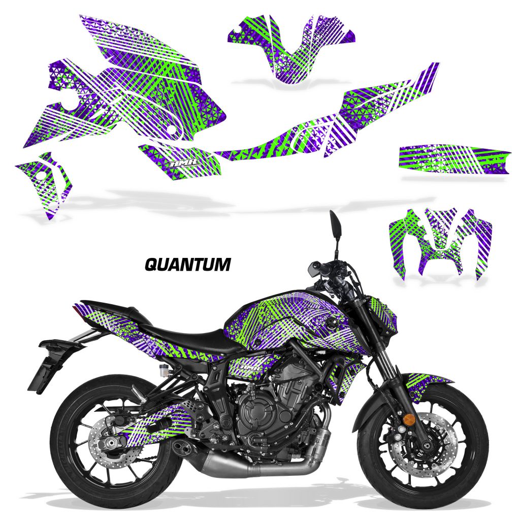 Motorcycle vinyl graphics kit with blue, green, and purple pixel-style graphics, tank and fairing decals.