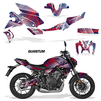Motorcycle vinyl graphics kit with blue, red, and white striped pixel graphics, tank and fairing decals.