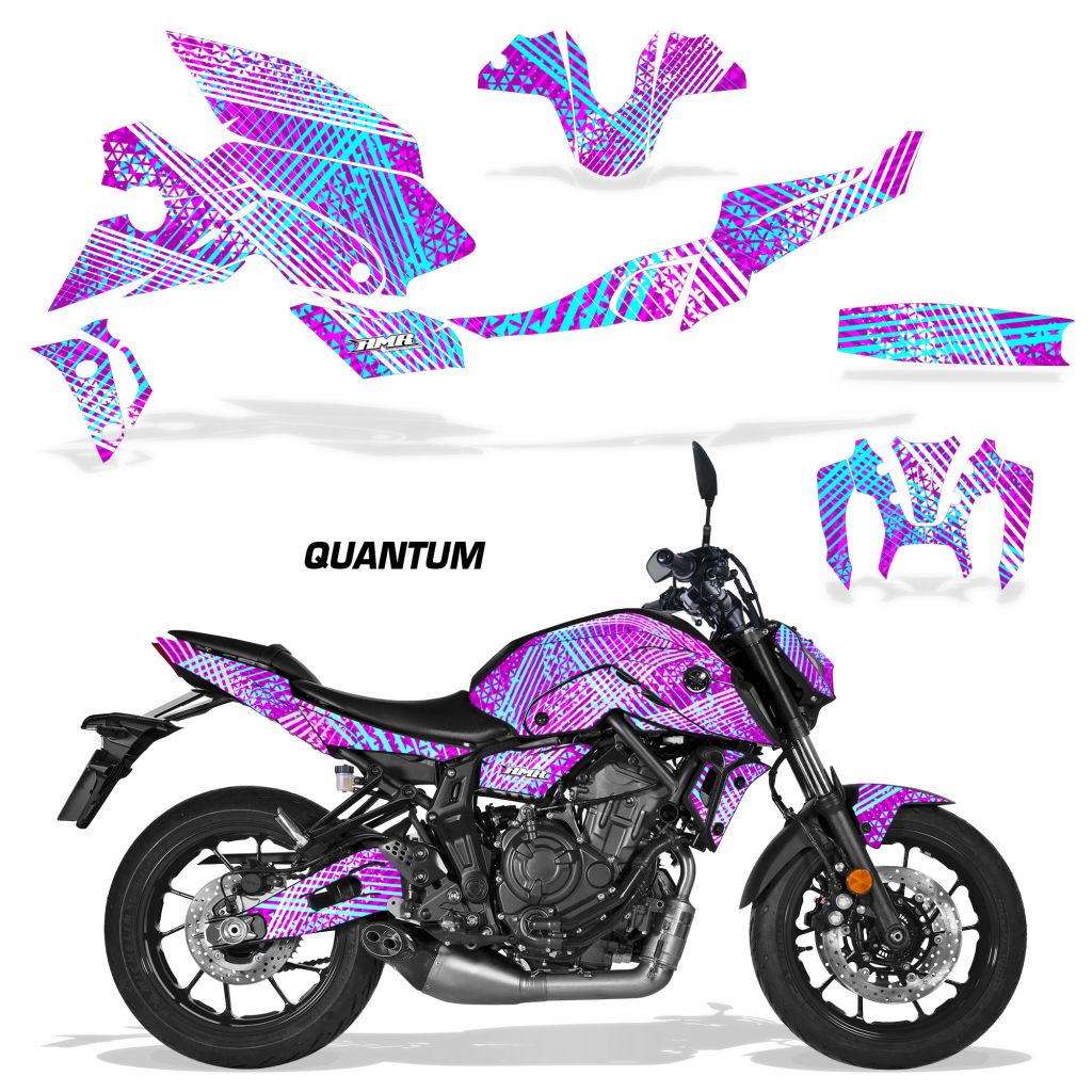 Motorcycle vinyl graphics kit with purple and blue pixel graphics, tank and fairing decals.
