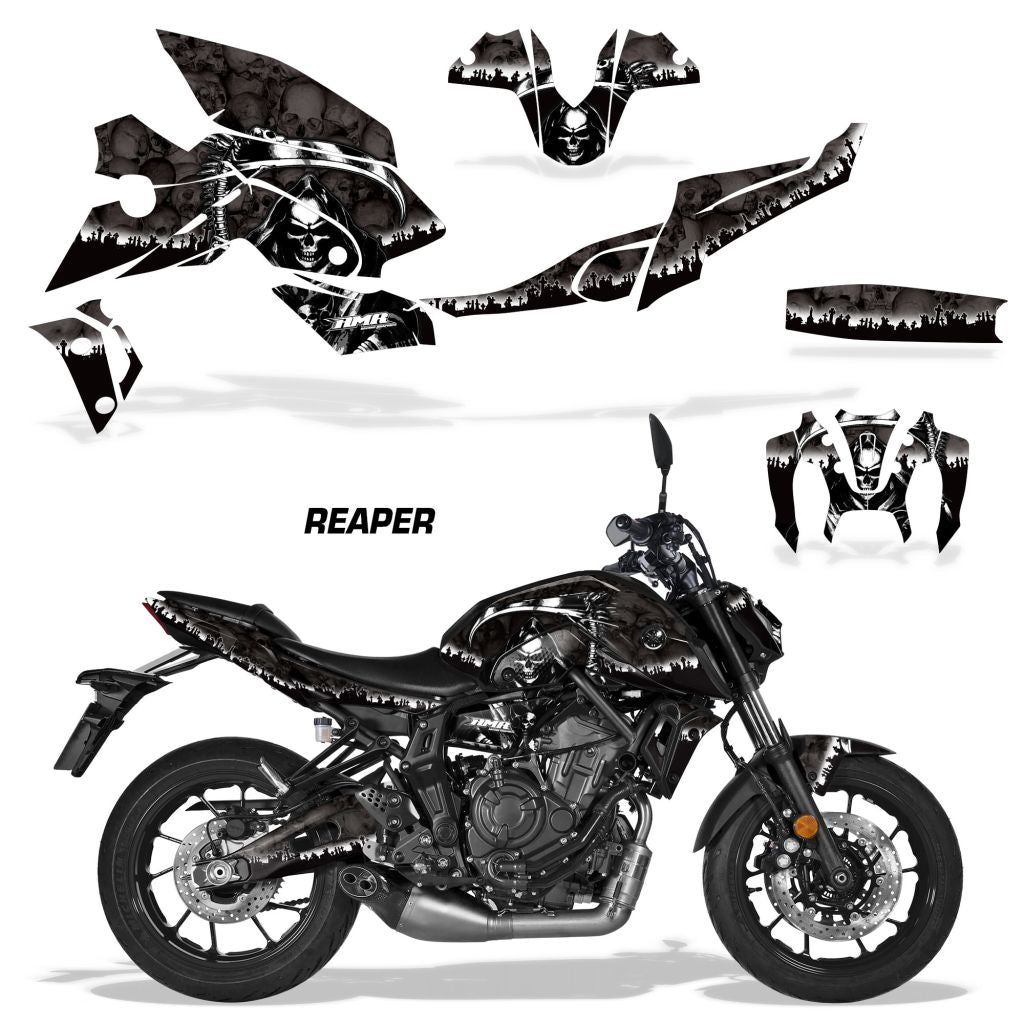 Motorcycle vinyl graphics kit with black and white skull design, tank and fairing decals.