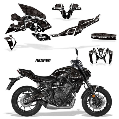 Motorcycle vinyl graphics kit with black and white skull design, tank and fairing decals.