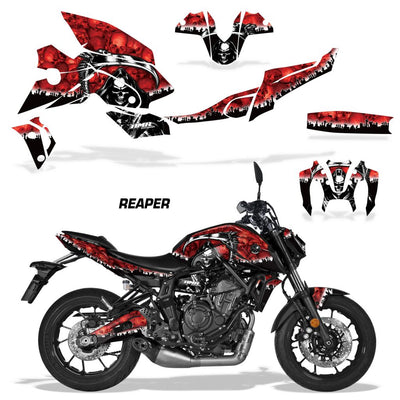 Motorcycle vinyl graphics kit with red and black skull design, tank and fairing decals.