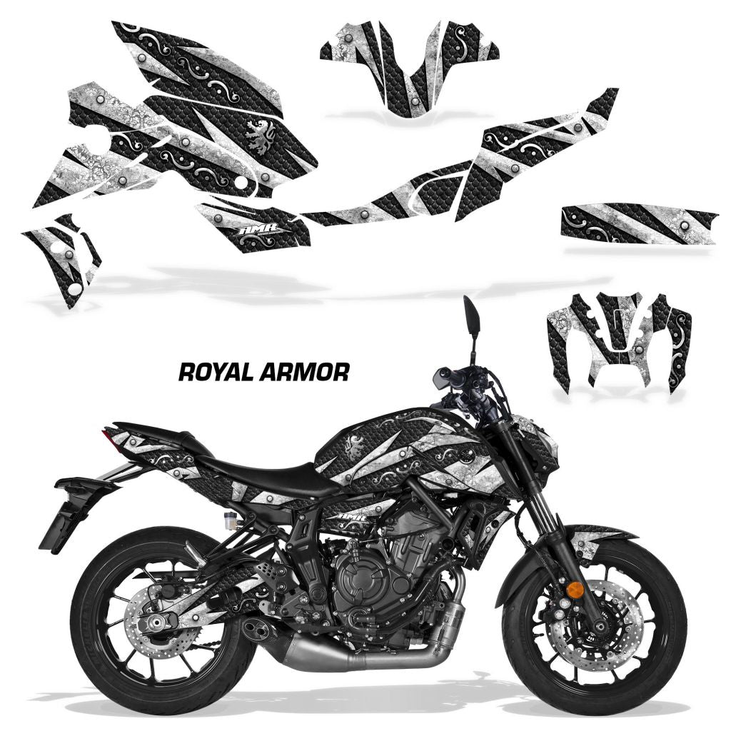 Yamaha MT-07 graphics kit with black and gold patterned fairing decals
