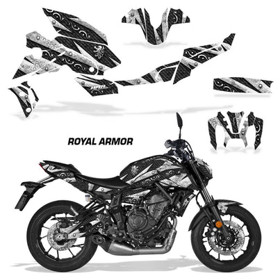 Yamaha MT-07 graphics kit with black and gold patterned fairing decals