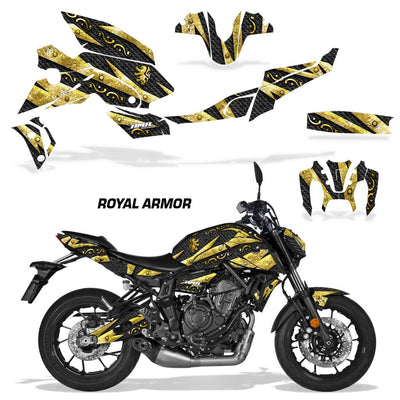Yamaha MT-07 graphics kit with gold and black patterned fairing decals
