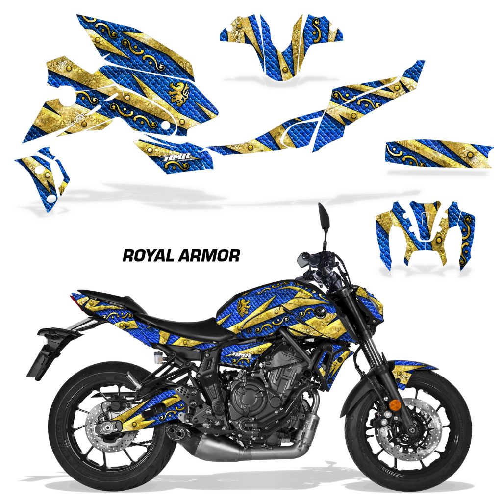 Yamaha MT-07 graphics kit with blue and black patterned fairing decals