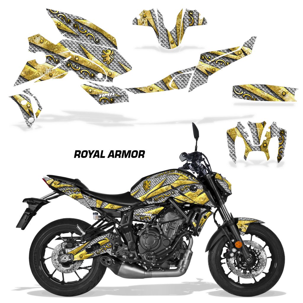 Yamaha MT-07 graphics kit with gold, gray, and black patterned fairing decals