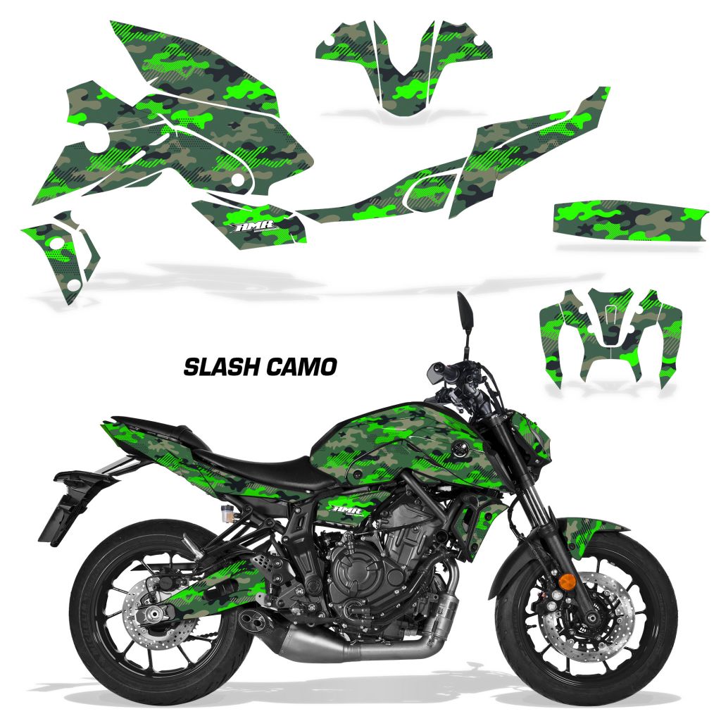 Yamaha MT-07 graphics kit with green slash camo patterned fairing decals