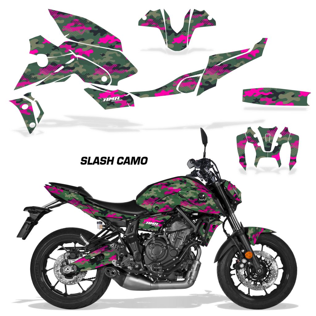 Yamaha MT-07 graphics kit with pink and green slash camo fairing decals