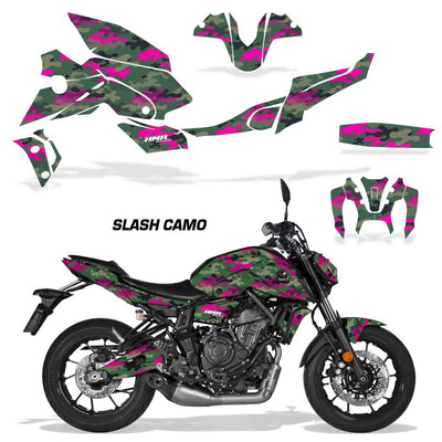 Yamaha MT-07 graphics kit with pink and green slash camo fairing decals