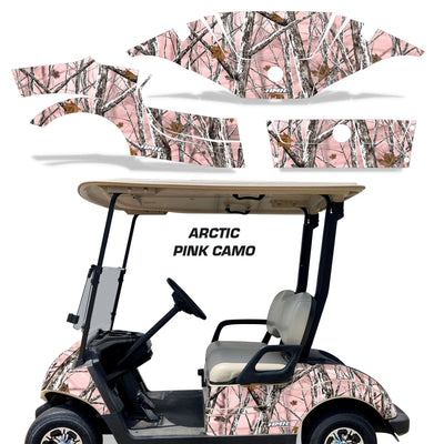 Arctic pink camo golf cart graphics kit with pink woodland branch pattern panels