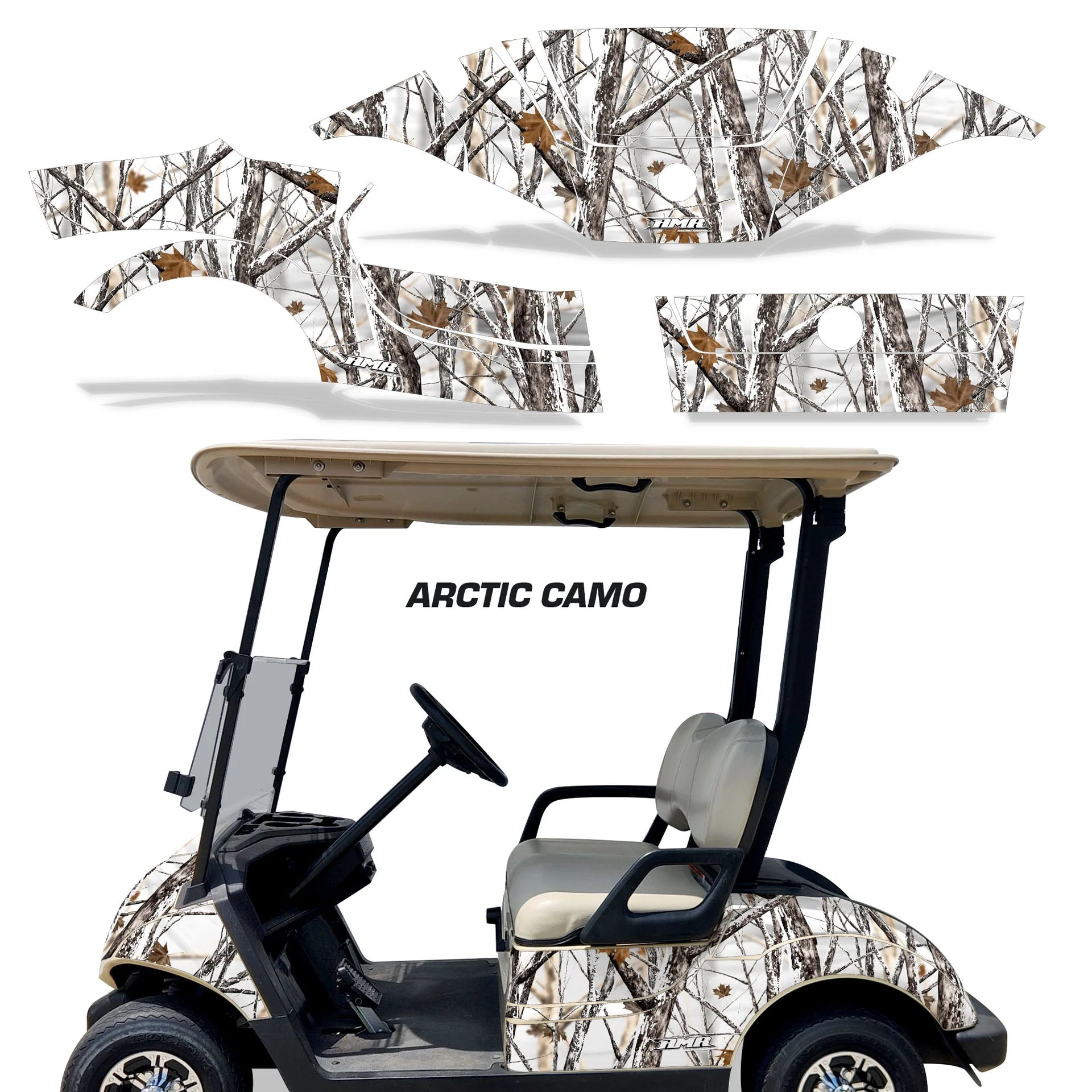 Arctic camo golf cart graphics kit with leaf and branch pattern panels