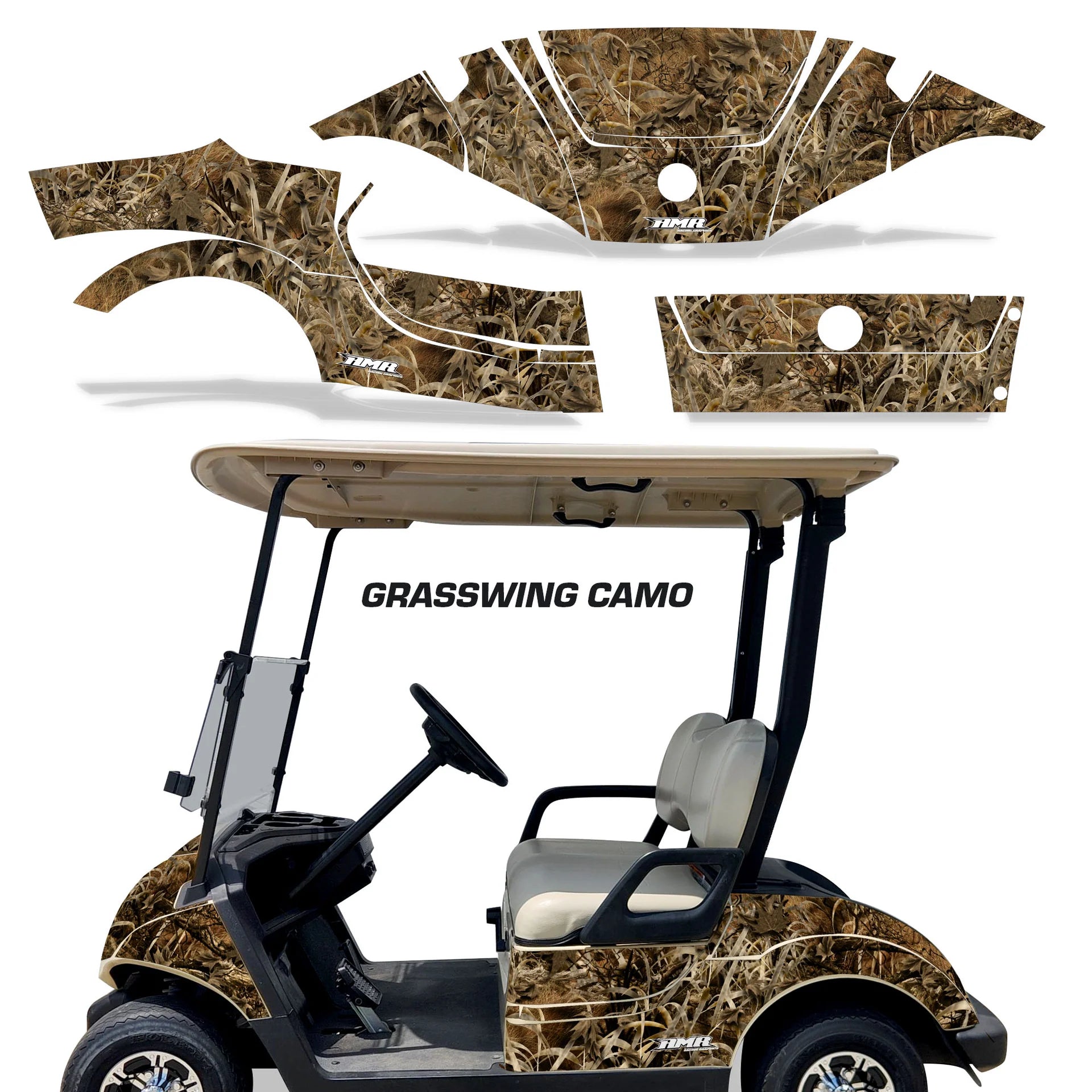 Grasswing camo golf cart graphics kit with brown grass camouflage panels