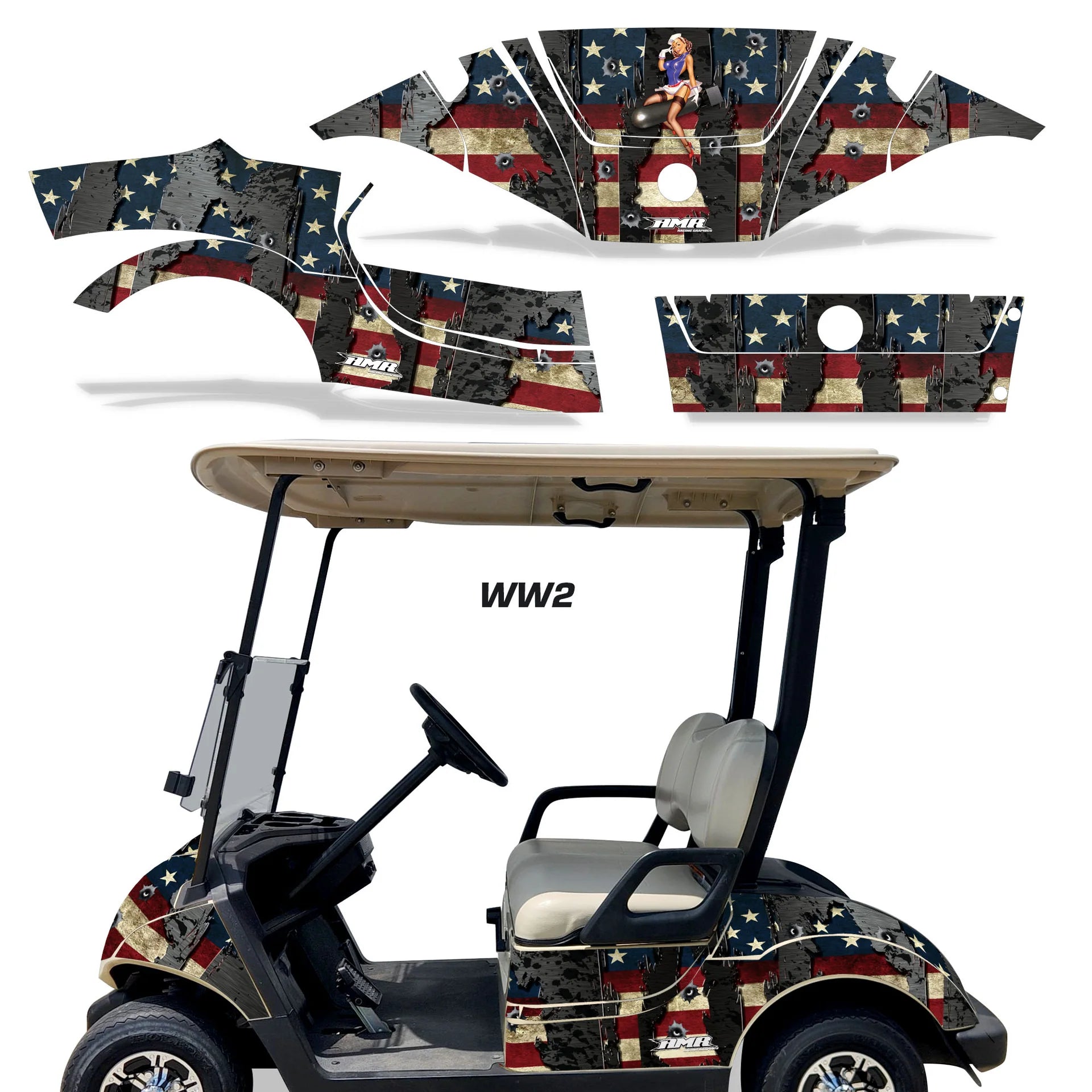 Patriotic camouflage golf cart graphics kit with stars and stripes panels