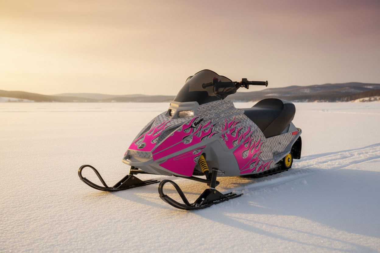 Ski-Doo Mini Z youth snowmobile with Diamond Flames magenta and silver graphic wrap kit at golden hour on frozen lake