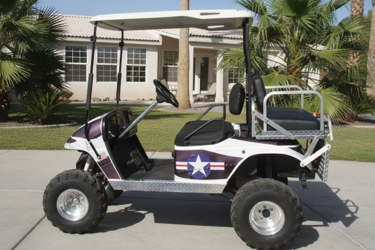 P40 Warhawk Vinyl Graphics Kit Installed on EZ-GO TXT Golf Cart (1994-2013) — Side View
