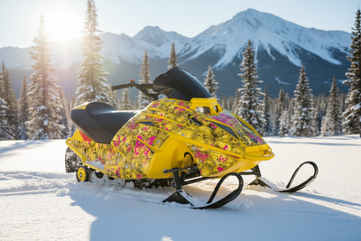Ski-Doo Mini Z youth snowmobile with Butterflies graphic wrap kit in snowy outdoor winter setting
