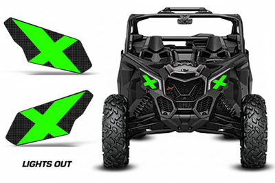 Lights Out Green - Can-Am Maverick X3 headlight decals with solid green X design, standalones and vehicle view
