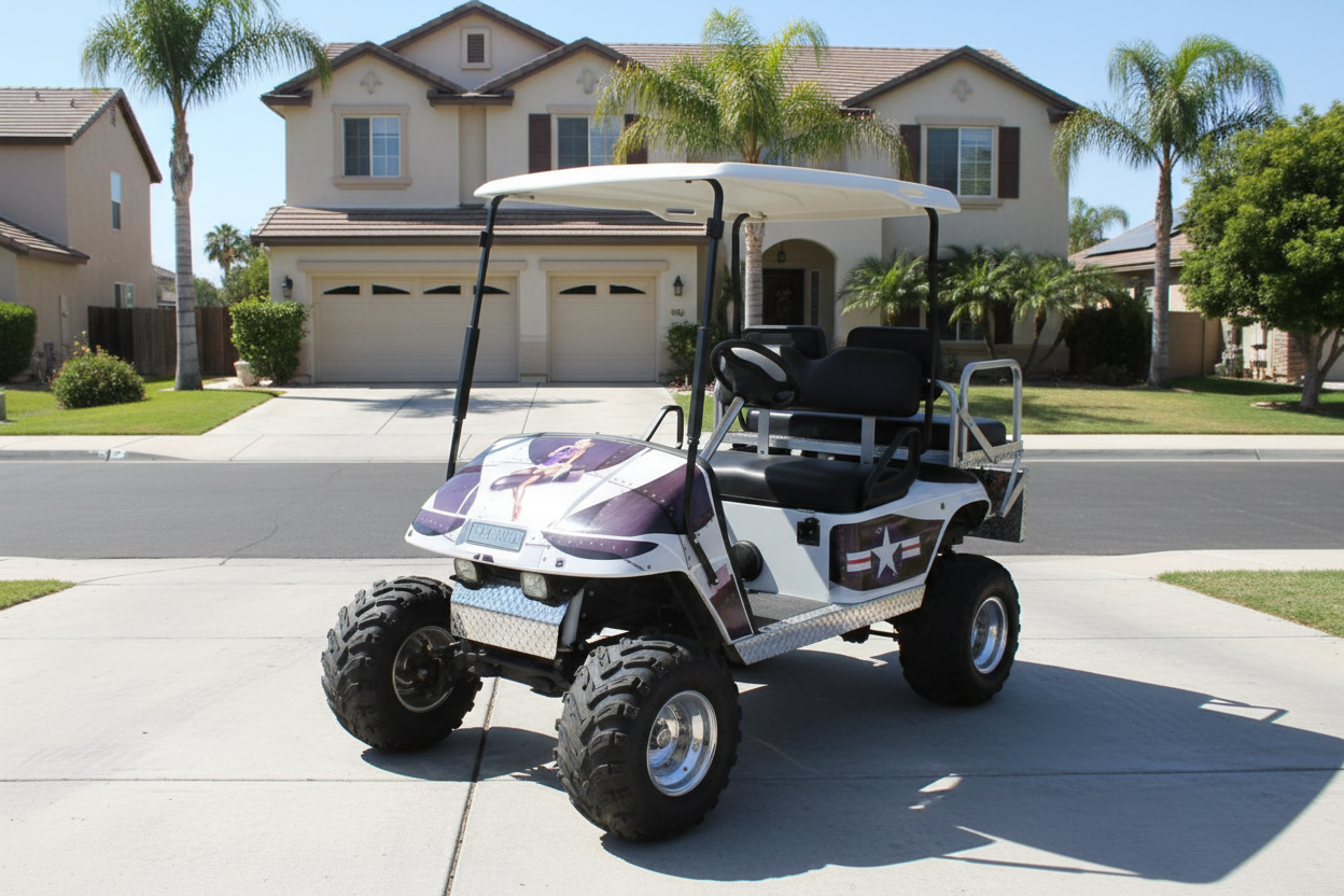 P40 Warhawk Vinyl Graphics Kit Installed on EZ-GO TXT Golf Cart (1994-2013) — Front View
