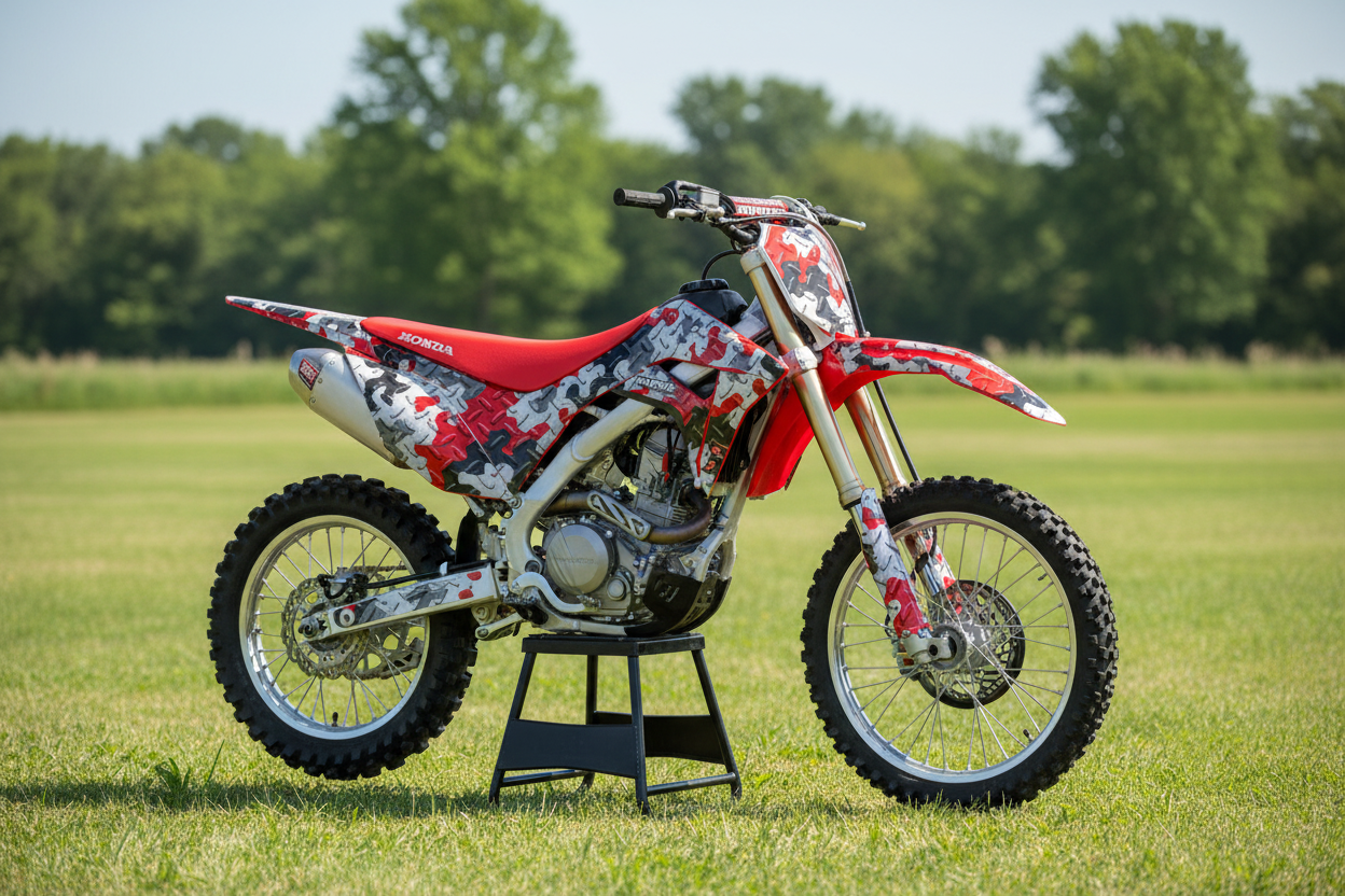2019-2027 Honda CRF 125F Motocross Graphics Kit – Camo Plate Vinyl Decals Installed