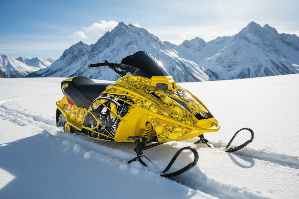 Ski-Doo Mini Z youth snowmobile with Reaper skull graphic wrap kit on bright sunny winter day with mountain peaks
