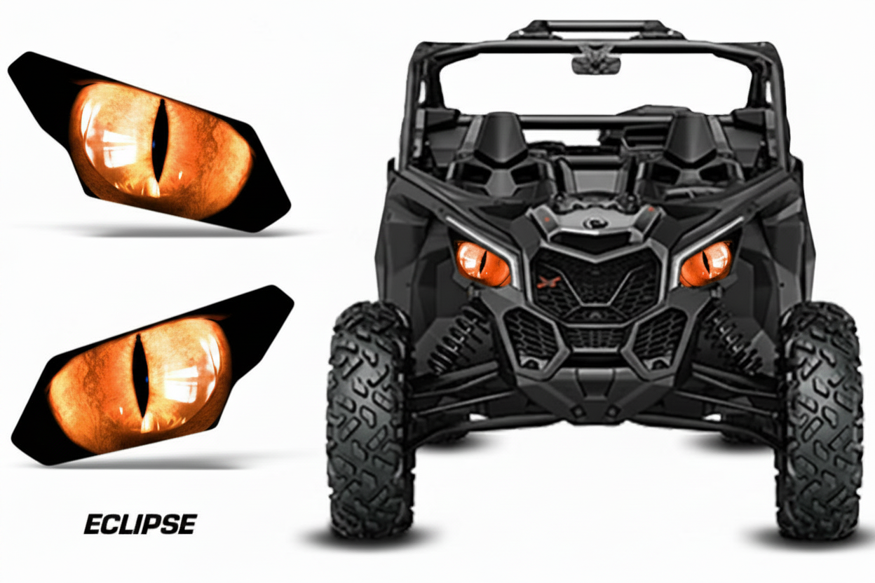 Eclipse Orange - Can-Am Maverick X3 headlight decals with orange cat eye design, standalones and vehicle view