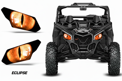 Eclipse Orange - Can-Am Maverick X3 headlight decals with orange cat eye design, standalones and vehicle view