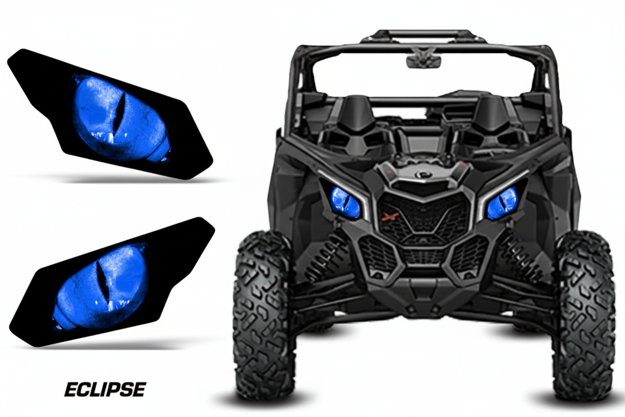 Eclipse Blue - Can-Am Maverick X3 headlight decals with blue cat eye design, standalones and vehicle view