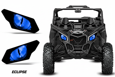 Eclipse Blue - Can-Am Maverick X3 headlight decals with blue cat eye design, standalones and vehicle view