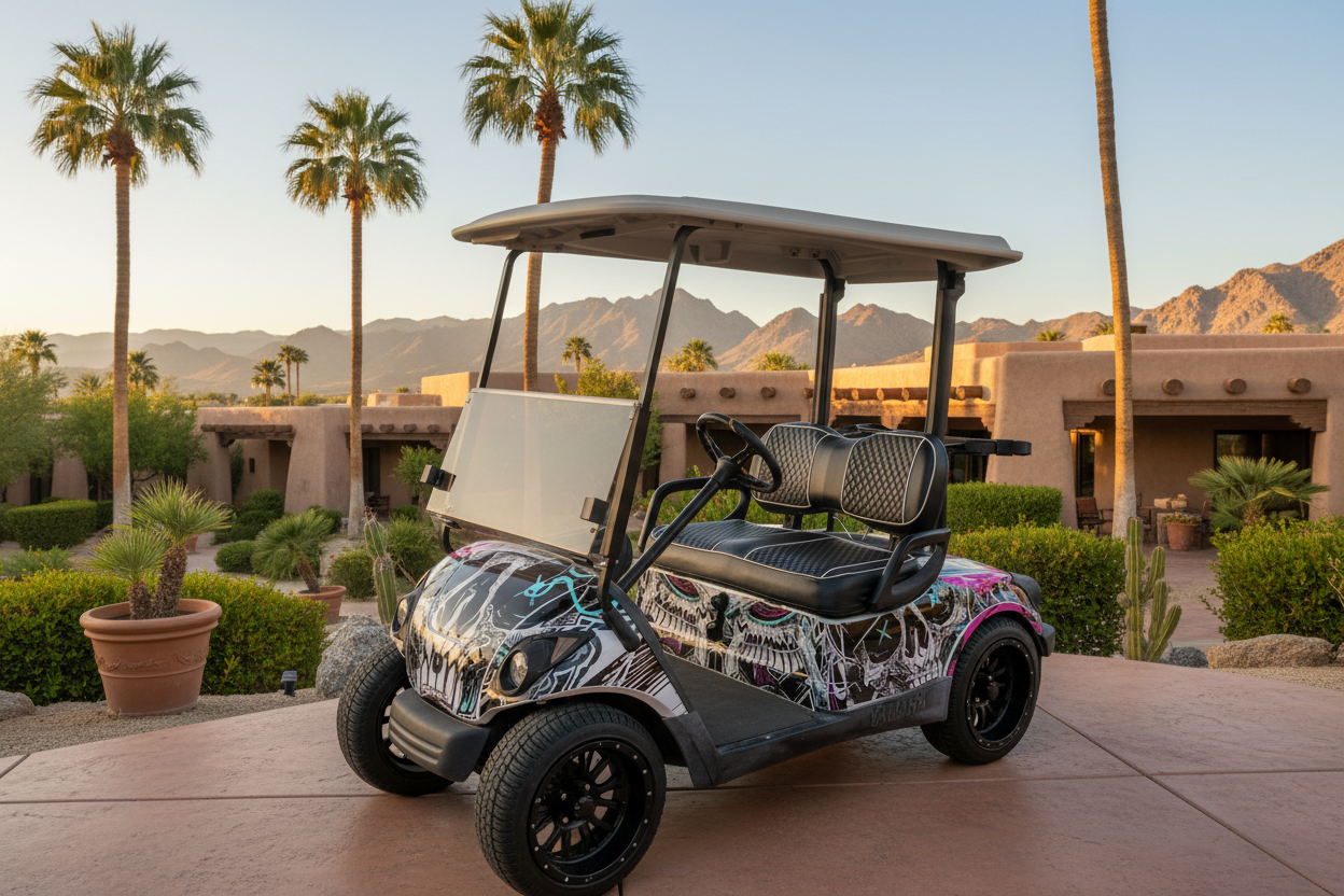 Frenzy Skull Vinyl Graphics Kit Installed on Yamaha DRIVE G29 Golf Cart — Desert Resort Setting
