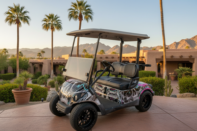 Frenzy Skull Vinyl Graphics Kit Installed on Yamaha DRIVE G29 Golf Cart — Desert Resort Setting
