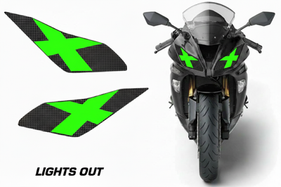 Kawasaki Ninja 636 Headlight Decal - Lights Out Bright Green X Design