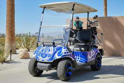 Tribal Blue Vinyl Graphics Kit Installed on Yamaha DRIVE G29 Golf Cart — Palm Springs Setting