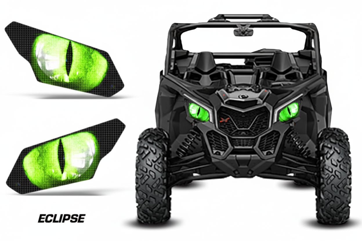 Eclipse Green - Can-Am Maverick X3 headlight decals with green cat eye design, standalones and vehicle view
