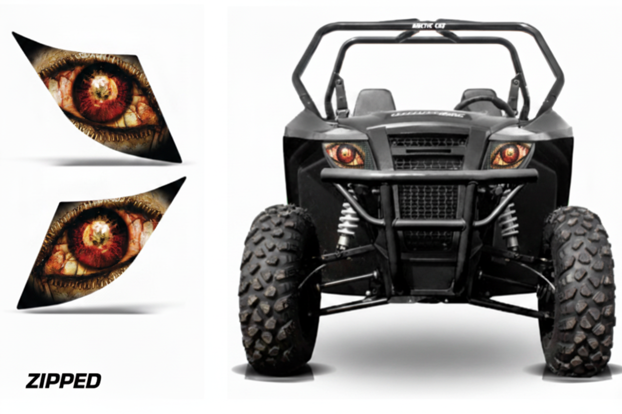 Zipped - Arctic Cat Wildcat UTV headlight decals with zombie eyes design, standalones and vehicle view