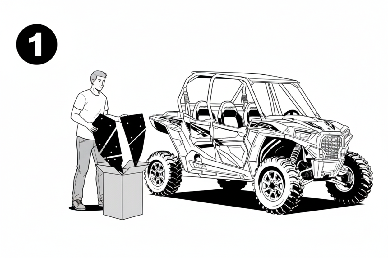Step 1 - Remove door-shaped vinyl decals from box and pair left and right sides