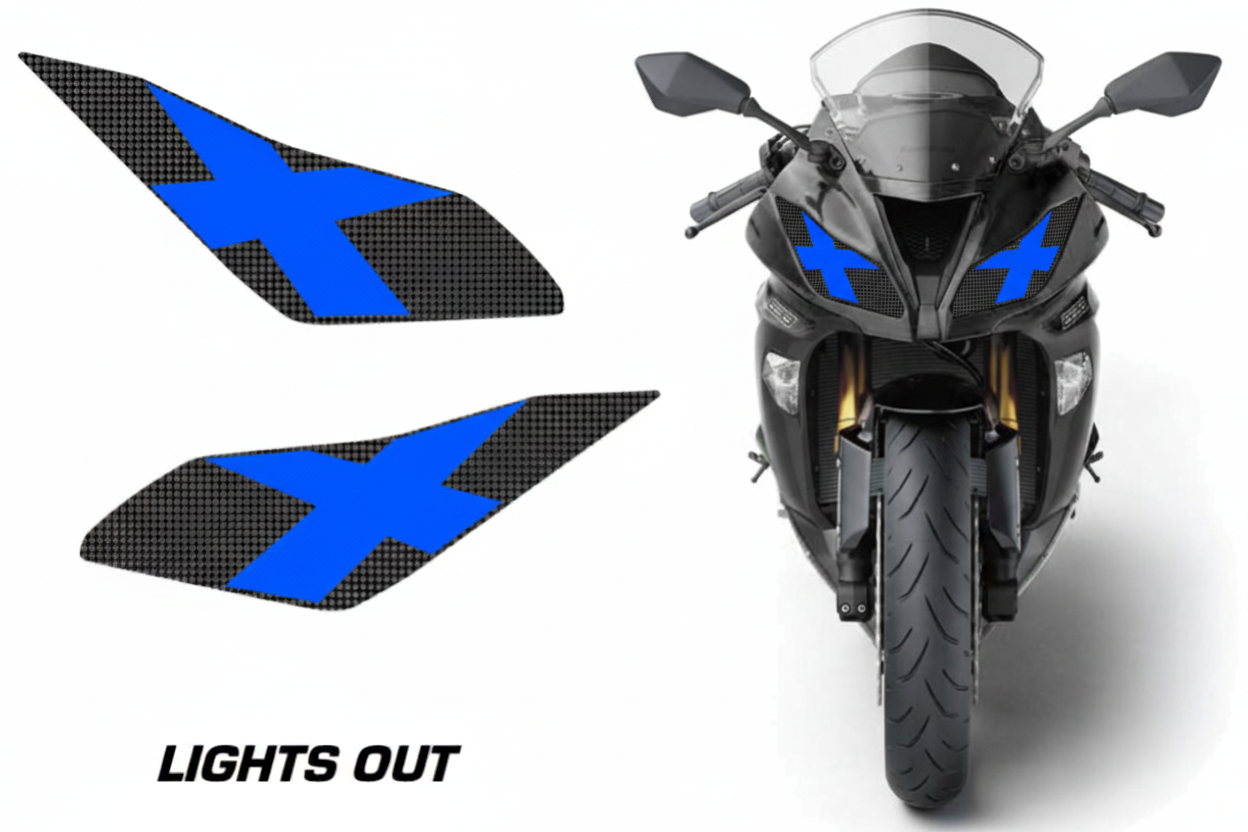 Kawasaki Ninja 636 Headlight Decal - Lights Out Blue X Design