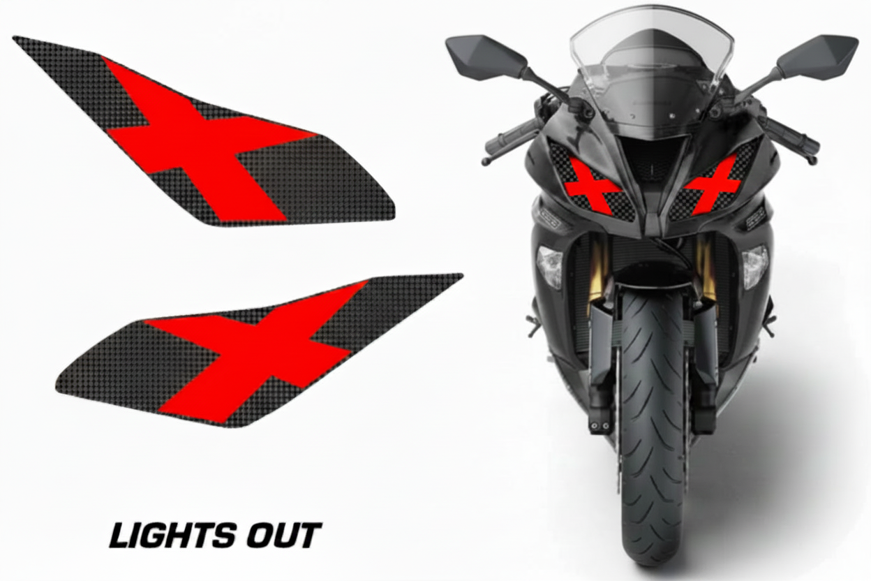 Kawasaki Ninja 636 Headlight Decal - Lights Out Red X Design